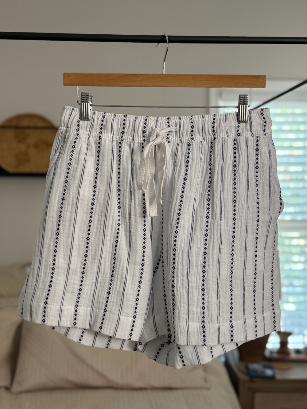 Women's White Striped Drawstring Cotton Shorts